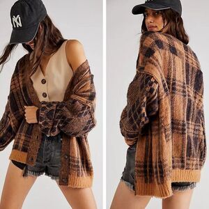 Free People Sepia Plaid Cardigan Sweater Birchwood Brown XS
